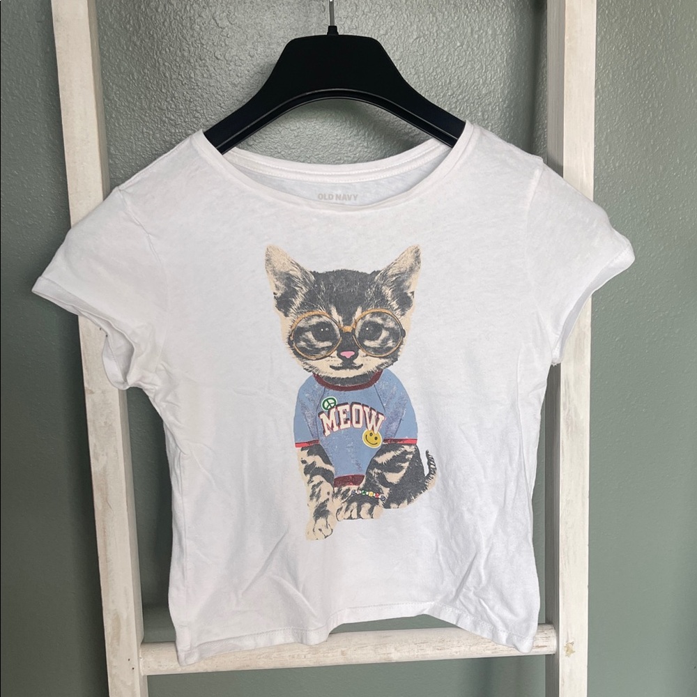 Old Navy White Cat Tee with Glasses